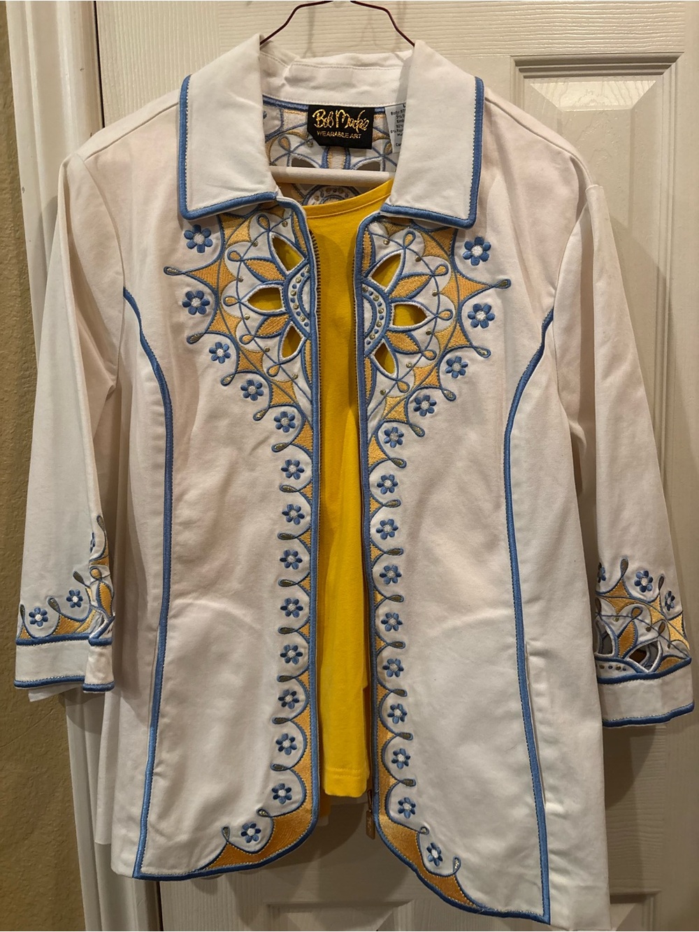 Vintage Bob Mackie White Jacket with Blue and Yellow Embroidered Accents
